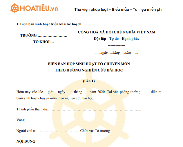 Mẫu biên bản sinh hoạt chuyên môn theo nghiên cứu bài học