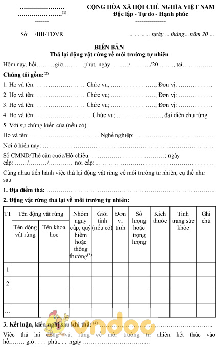 Mẫu biên bản thả lại động vật rừng về môi trường tự nhiên