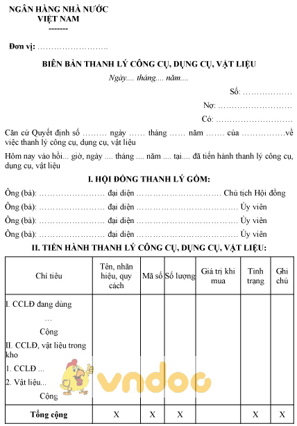 Mẫu biên bản thanh lý công cụ, dụng cụ, vật liệu của ngân hàng nhà nước