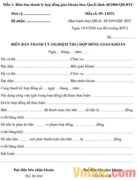 Mẫu biên bản thanh lý hợp đồng giao khoán
