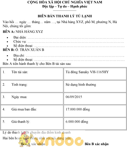 Mẫu biên bản thanh lý tủ lạnh