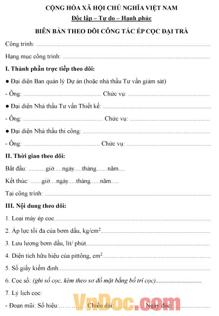Mẫu biên bản theo dõi công tác ép cọc đại trà