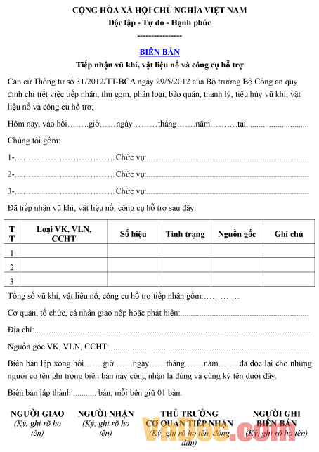Mẫu biên bản ghi chép tiếp nhận vũ khí, vật liệu nổ, công cụ hỗ trợ