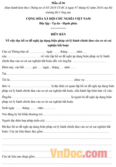 Mẫu biên bản đọc hồ sơ đề nghị áp dụng biện pháp đưa vào cơ sở cai nghiện bắt buộc