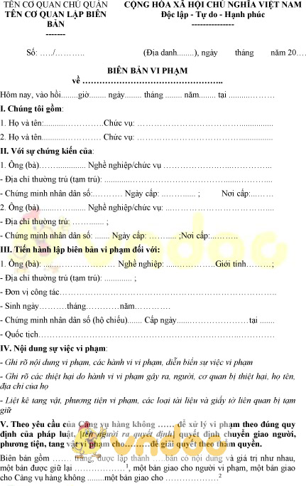 Mẫu biên bản vi phạm an ninh hàng không