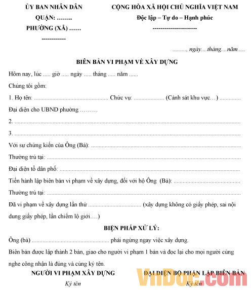 Mẫu biên bản vi phạm xây dựng