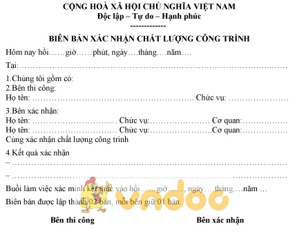 Mẫu biên bản xác nhận chất lượng trần công trình