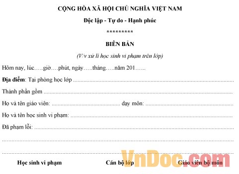 Mẫu biên bản xử lí học sinh trên lớp