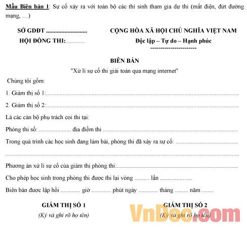 Mẫu biên bản xử lí sự cố thi giải toán qua mạng internet