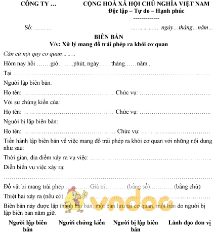 Mẫu biên bản xử lý mang đồ trái phép ra khỏi cơ quan