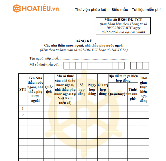 Mẫu 04-ĐK-TCT: Tờ khai đăng ký thuế dùng cho các nhà thầu nước ngoài, nhà thầu phụ nước ngoài