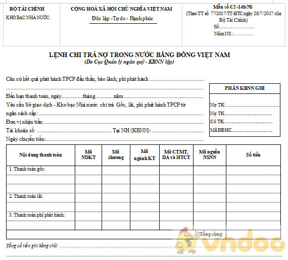 Lệnh chi trả nợ trong nước bằng đồng Việt Nam
