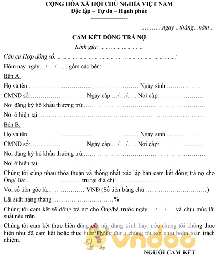 Mẫu cam kết đồng trả nợ