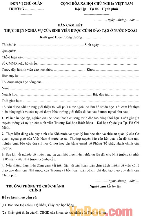 Mẫu cam kết khi đi đào tạo nước ngoài - Dành cho sinh viên