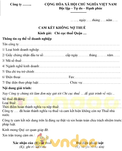 Mẫu cam kết không nợ thuế