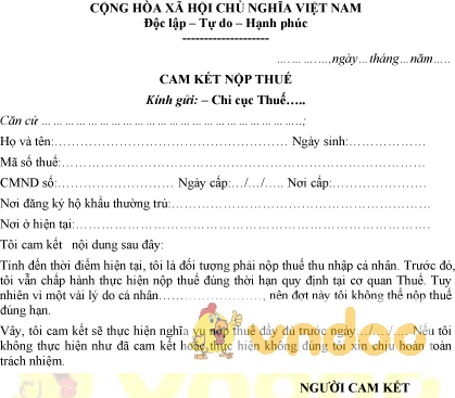 Mẫu cam kết nộp thuế