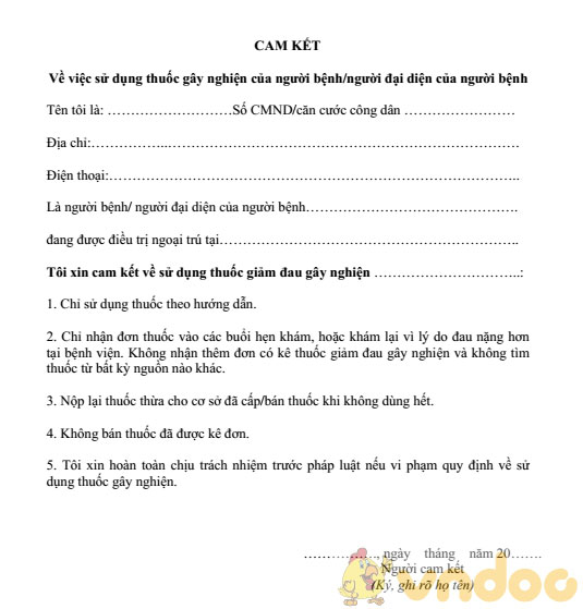 Mẫu cam kết về việc sử dụng thuốc gây nghiện của người bệnh