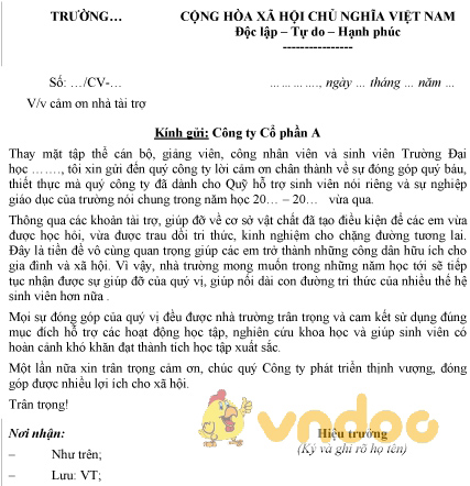 Mẫu công văn cảm ơn nhà tài trợ