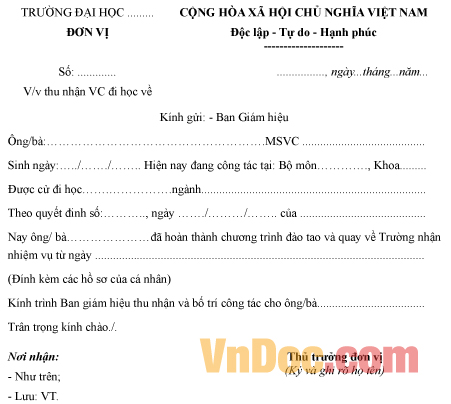 Mẫu công văn thu nhận viên chức đi học về