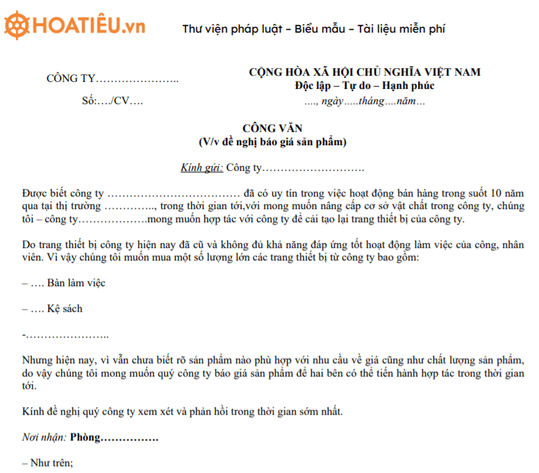 Mẫu công văn đề nghị báo giá sản phẩm