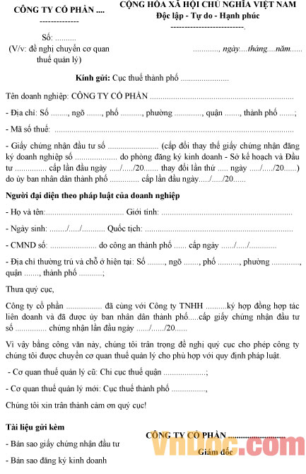 Mẫu công văn đề nghị chuyển cơ quan thuế quản lý
