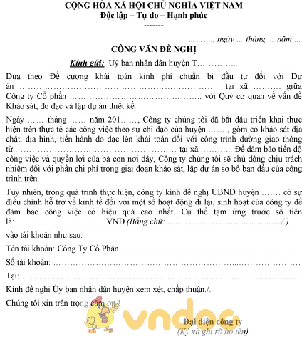 Mẫu công văn đề nghị huyện tạm ứng cho dự án