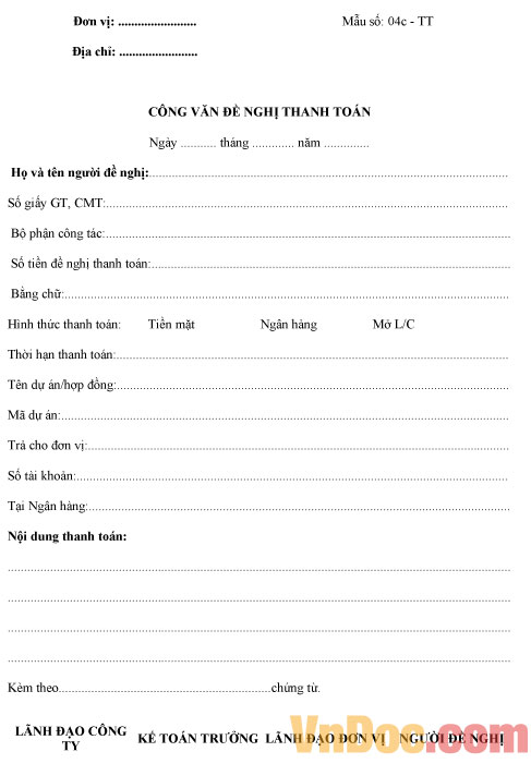 Mẫu Công văn đề nghị thanh toán