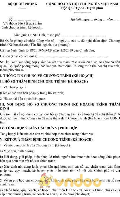 Mẫu công văn thông báo kết quả thẩm định kế hoạch khắc phục hậu quả bom mìn