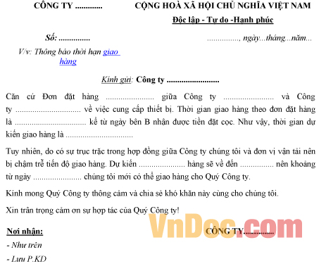 Mẫu công văn thông báo giao hàng chậm