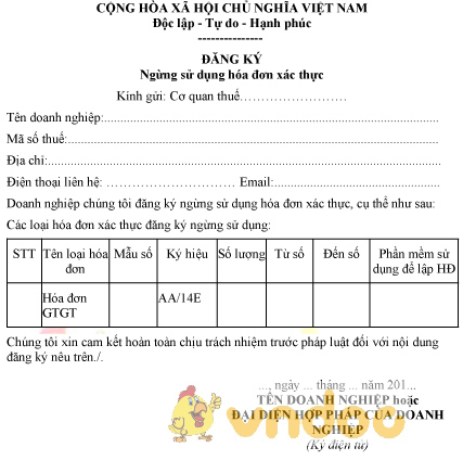 Mẫu đăng ký ngừng sử dụng hóa đơn xác thực