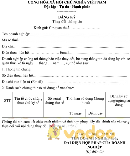 Mẫu đăng ký thay đổi thông tin
