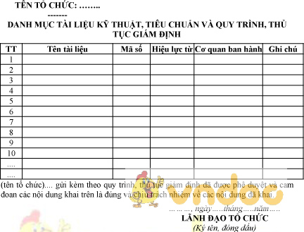 Mẫu danh mục tài liệu kỹ thuật, tiêu chuẩn và quy trình, thủ tục giám định