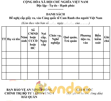 Mẫu danh sách đề nghị cấp giấy ra, vào Cảng quốc tế Cam Ranh cho người Việt Nam