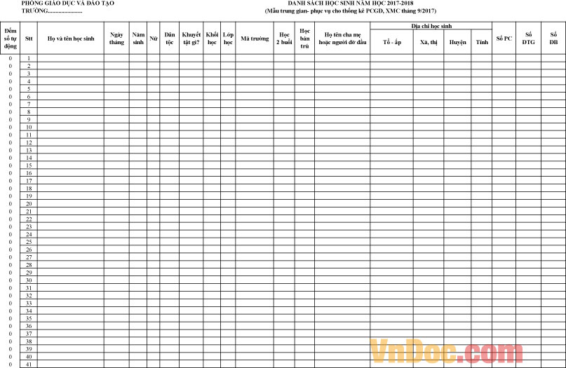 Mẫu danh sách học sinh phục vụ thống kê phổ cập giáo dục năm học 2017-2018