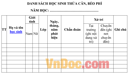 Mẫu danh sách ghi chép số học sinh thừa cân, béo phì