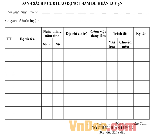 Mẫu danh sách người lao động tham gia huấn luyện