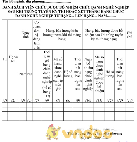 Mẫu danh sách viên chức được bổ nhiệm chức danh nghề nghiệp khi trúng tuyển kỳ thi