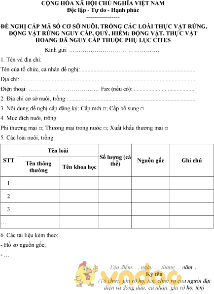 Mẫu đề nghị cấp mã số cơ sở nuôi, trồng thực, động vật rừng