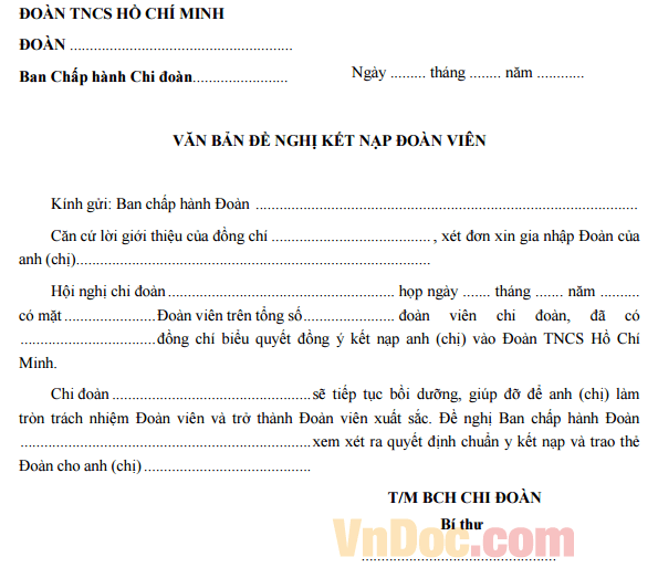 VĂN BẢN ĐỀ NGHỊ KẾT NẠP ĐOÀN VIÊN