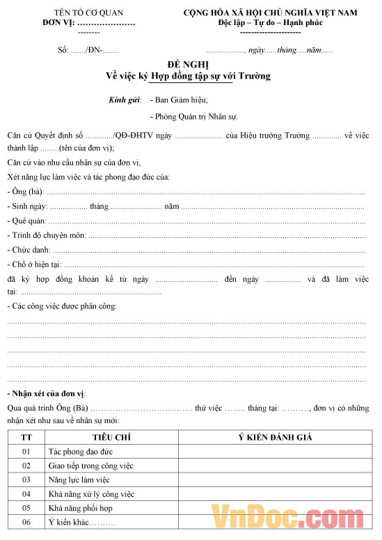 Mẫu đề nghị ký hợp đồng tập sự