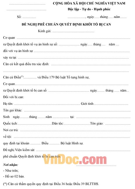 Mẫu đề nghị về việc phê chuẩn quyết định khởi tố bị can