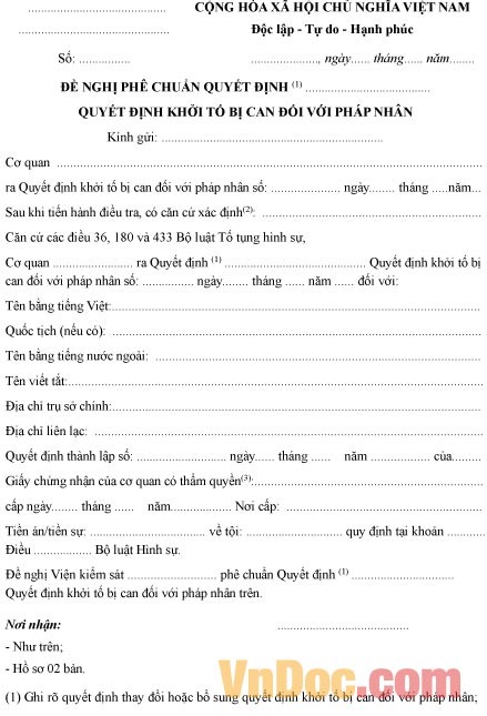 Mẫu đề nghị phê chuẩn quyết định khởi tố bị can