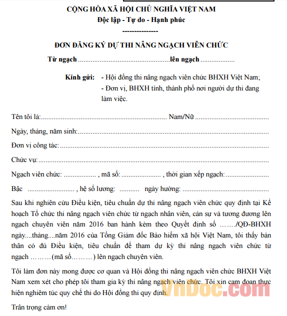 Mẫu đơn đăng ký dự thi nâng ngạch