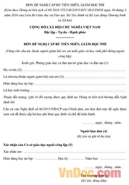 Mẫu đơn đề nghị về việc cấp bù tiền miễn, giảm học phí cho học sinh