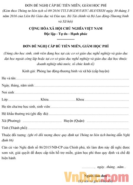 Mẫu đơn đề nghị về việc cấp bù tiền miễn, giảm học phí cho sinh viên
