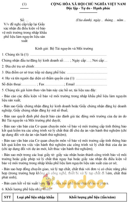 Mẫu đơn đề nghị cấp, cấp lại GXN đủ điều kiện bảo vệ môi trường nhập khẩu phế liệu