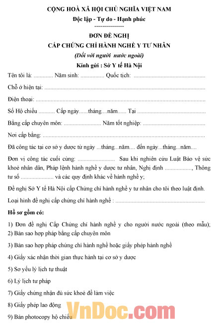 Mẫu đơn đề nghị cấp chứng chỉ hành nghề y tư nhân đối với người nước ngoài