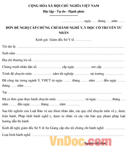 Mẫu đơn đề nghị cấp chứng chỉ hành nghề y, y học cổ truyền tư nhân