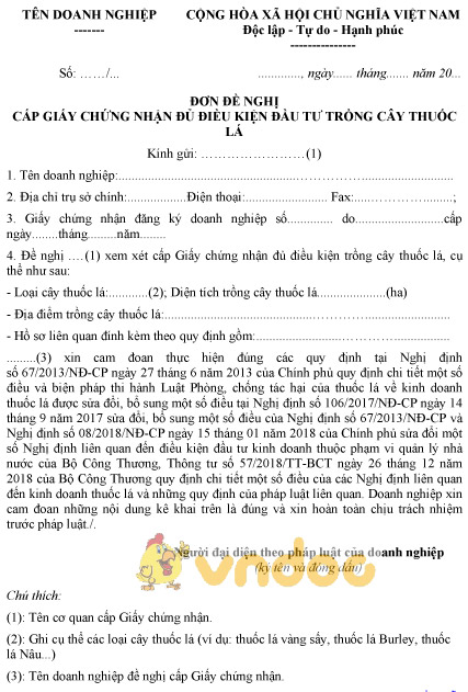 Mẫu đơn đề nghị cấp giấy chứng nhận đủ điều kiện đầu tư trồng cây thuốc lá