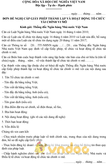 Mẫu đơn đề nghị cấp giấy phép thành lập và hoạt động tổ chức tài chính vi mô